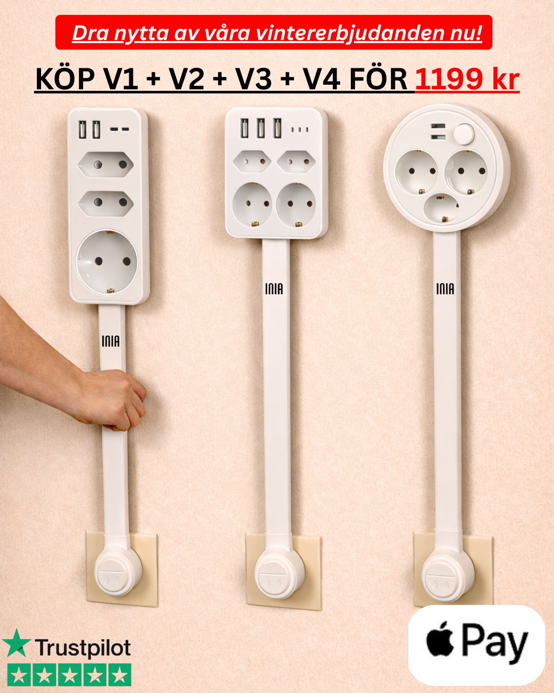 INIA® – Set med 3 utdragbara och vridbara förlängningssladdar