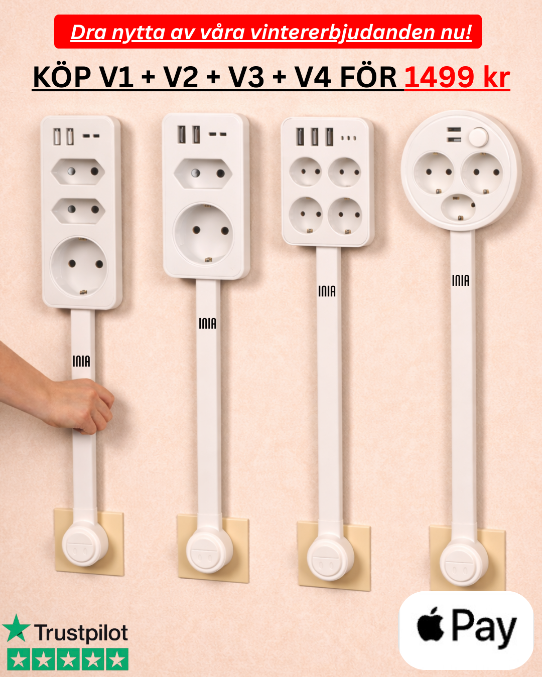 INIA® – Set med 4 utdragbara och vridbara förlängningssladdar